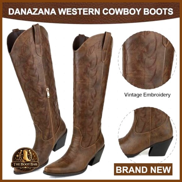 Knee High Cowgirl Boots Wide Calf Rhinestones Pointed Toe Chunky Heel - Picture 3 of 7